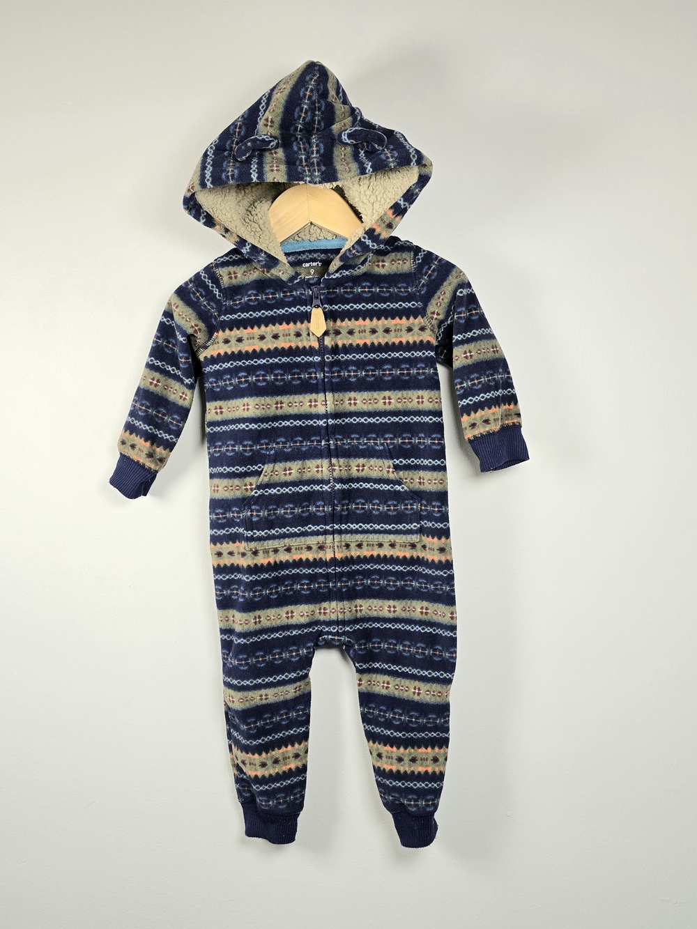 Carter's Navy Patterned Sherpa-Lined Hooded One-Piece